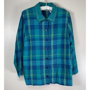 Studio Ease Shirt Women Blue Green Plaid Linen Cotton Button Down Blouse Size 14